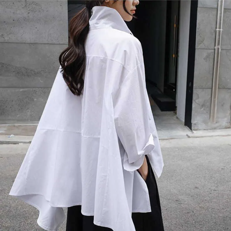 New Lapel Long Sleeve White Back Long Loose Big Size Irregular Shirt