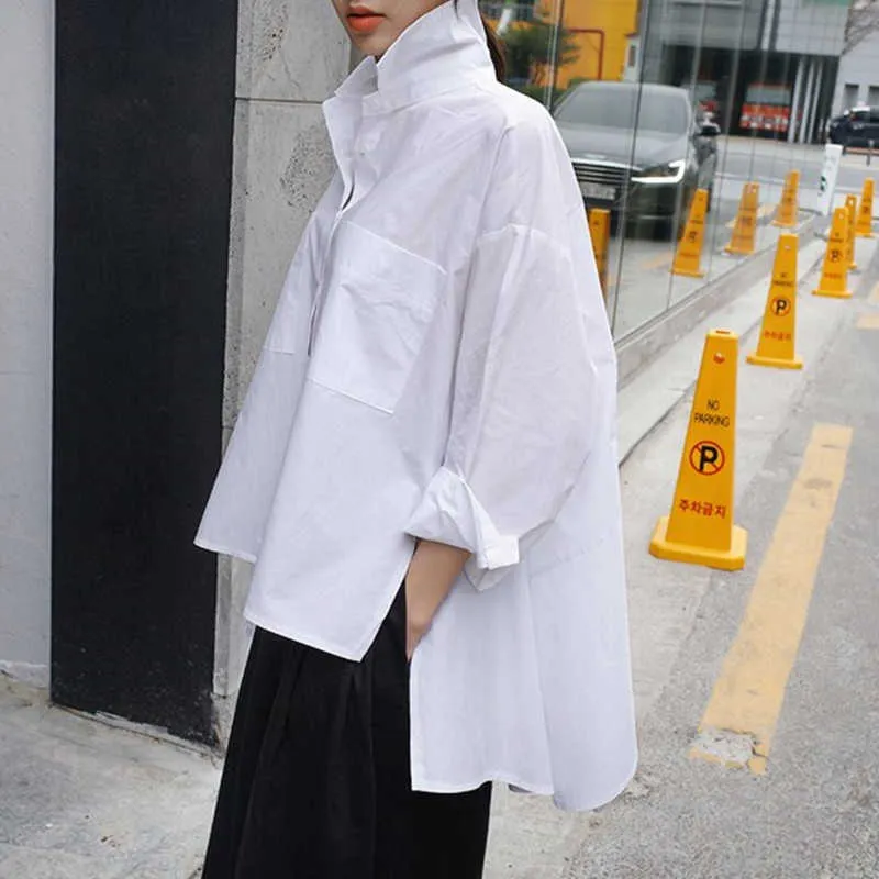 New Lapel Long Sleeve White Back Long Loose Big Size Irregular Shirt