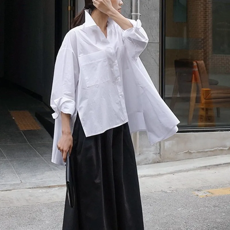 New Lapel Long Sleeve White Back Long Loose Big Size Irregular Shirt