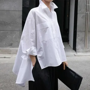 New Lapel Long Sleeve White Back Long Loose Big Size Irregular Shirt