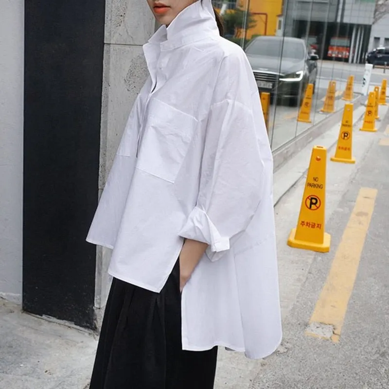 New Lapel Long Sleeve White Back Long Loose Big Size Irregular Shirt