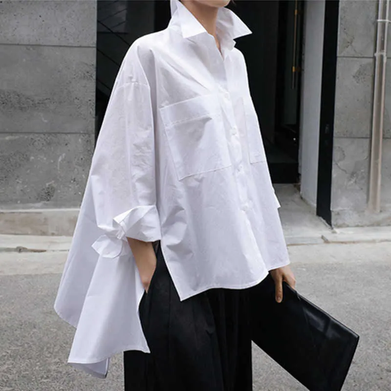 New Lapel Long Sleeve White Back Long Loose Big Size Irregular Shirt