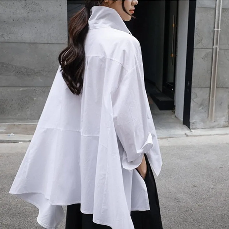 New Lapel Long Sleeve White Back Long Loose Big Size Irregular Shirt