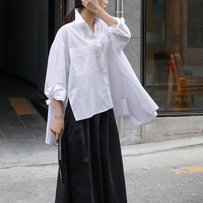 New Lapel Long Sleeve White Back Long Loose Big Size Irregular Shirt