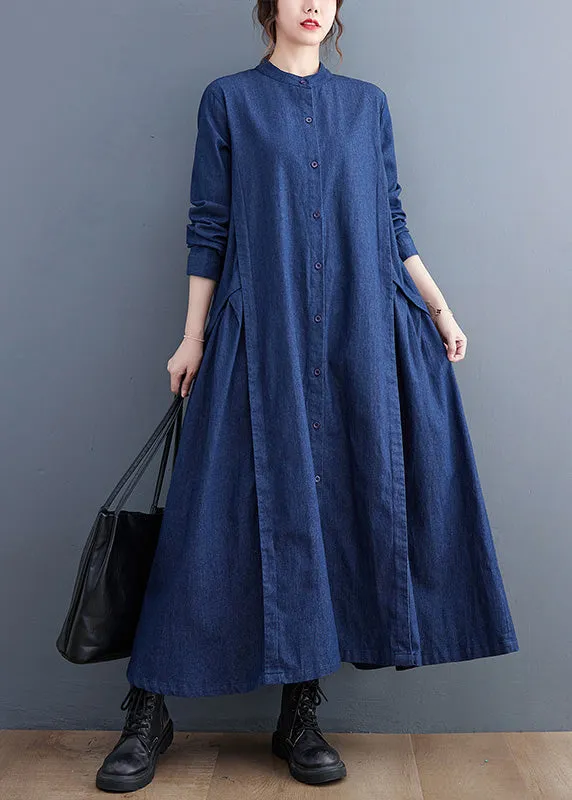 Plus Size Denim Black Stand Collar Patchwork Wrinkled Button Ankle Shirts Dress Long Sleeve AC2014