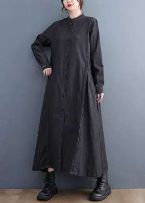 Plus Size Denim Black Stand Collar Patchwork Wrinkled Button Ankle Shirts Dress Long Sleeve AC2014