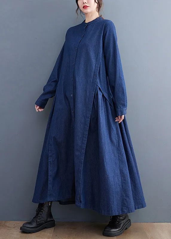 Plus Size Denim Black Stand Collar Patchwork Wrinkled Button Ankle Shirts Dress Long Sleeve AC2014