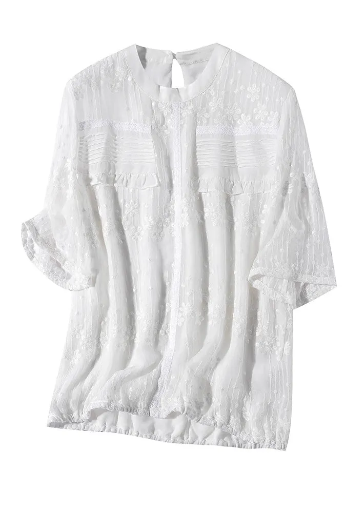 Plus Size White O-Neck Embroideried Ruffled Silk Shirts Short Sleeve LY0980