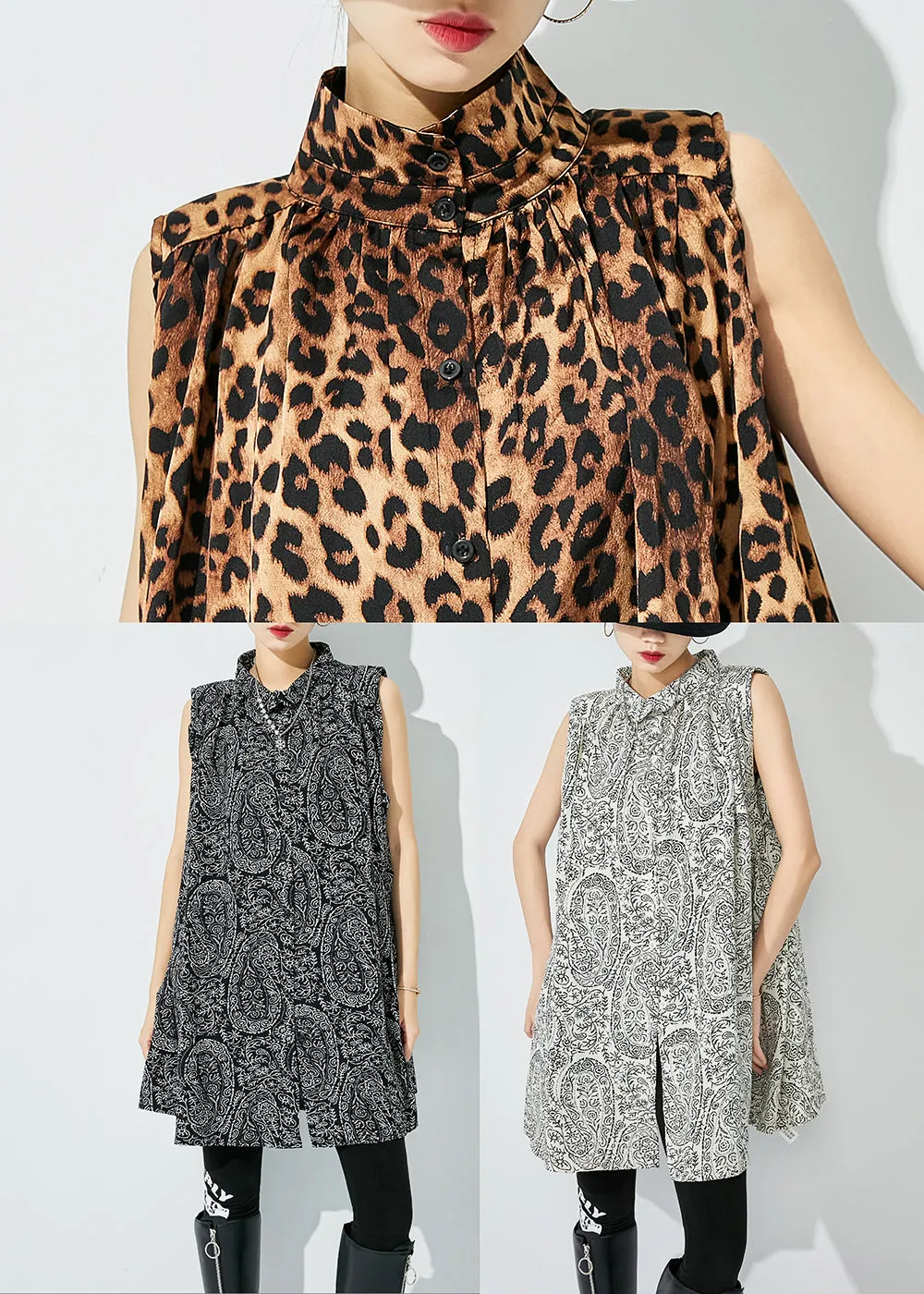 Plus Size White Stand Collar Print Cotton Shirts Sleeveless LY0828