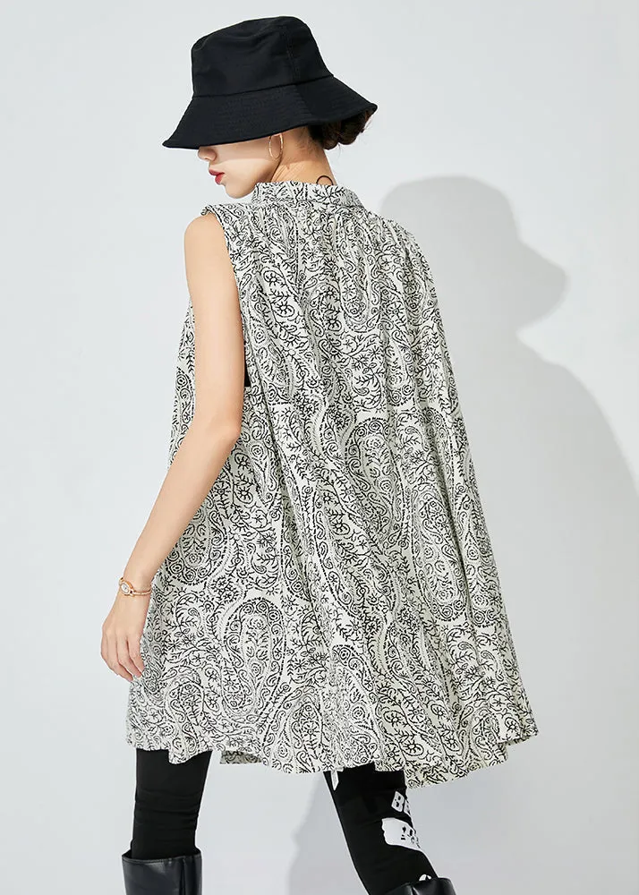 Plus Size White Stand Collar Print Cotton Shirts Sleeveless LY0828