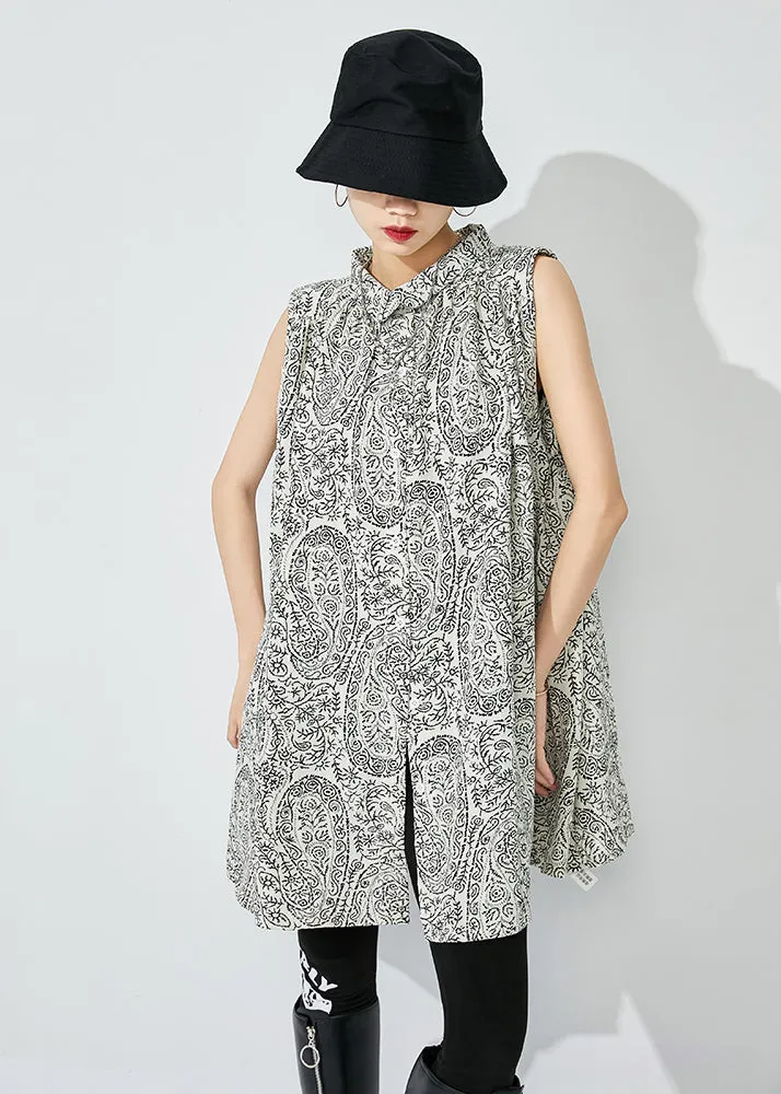 Plus Size White Stand Collar Print Cotton Shirts Sleeveless LY0828