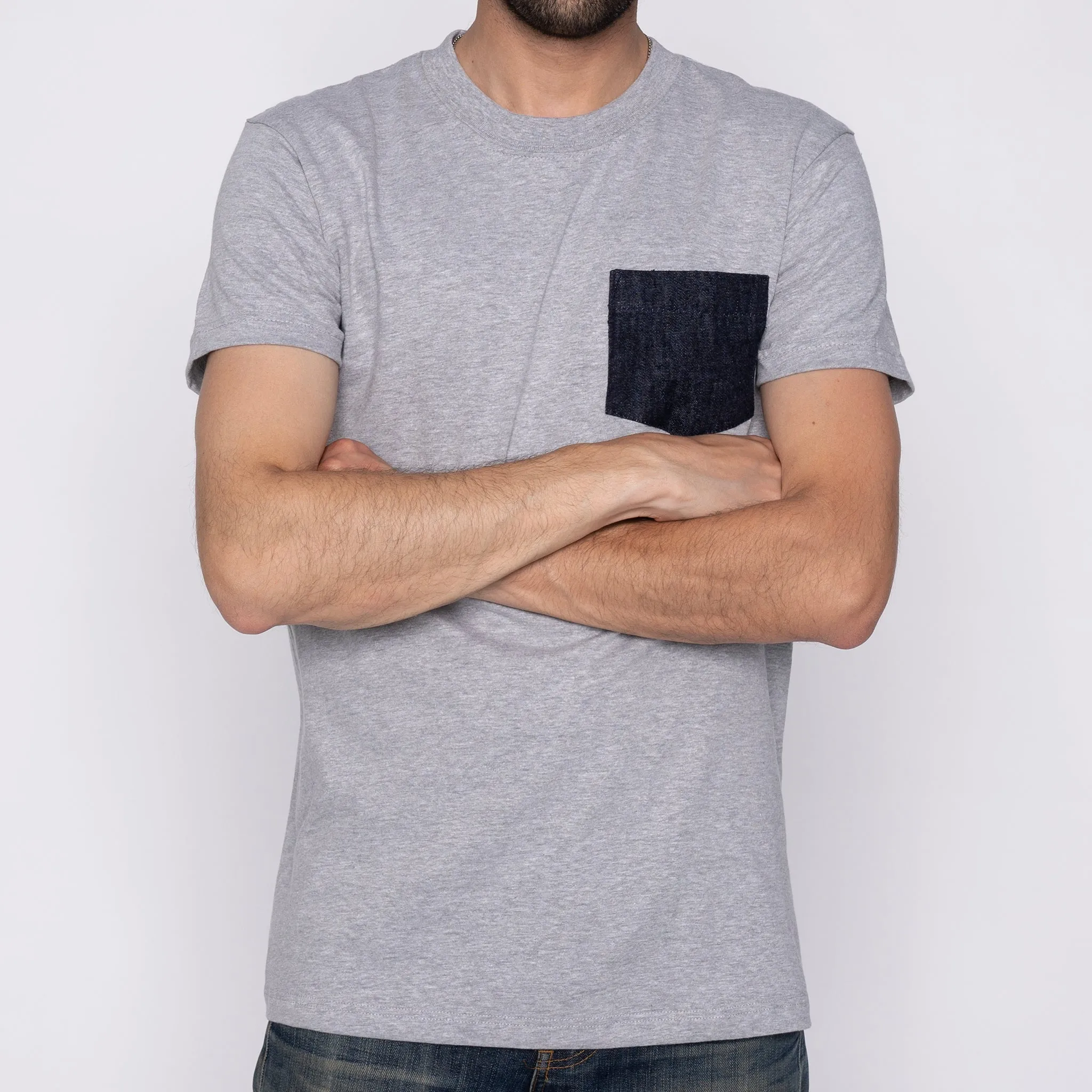 Pocket Tee - Heather Grey   Slub Nep Rinsed Denim