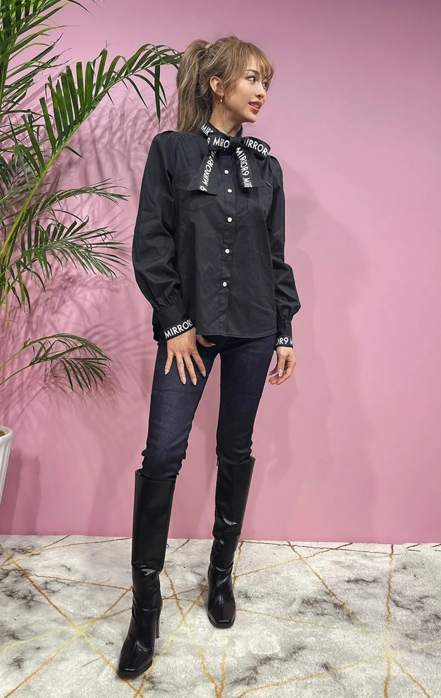 Ribbon stretch long shirts/2color