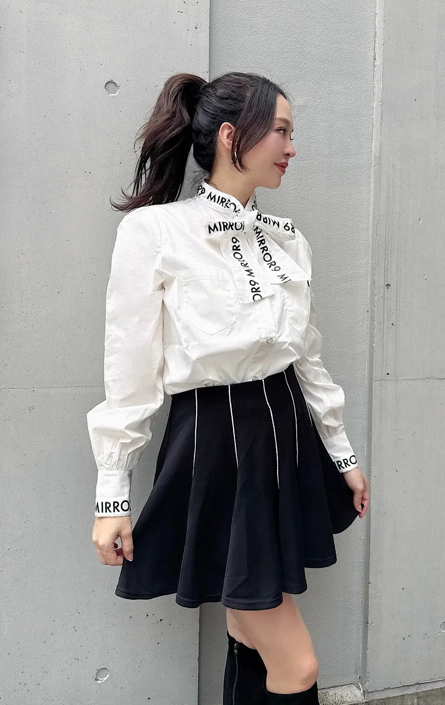Ribbon stretch long shirts/2color