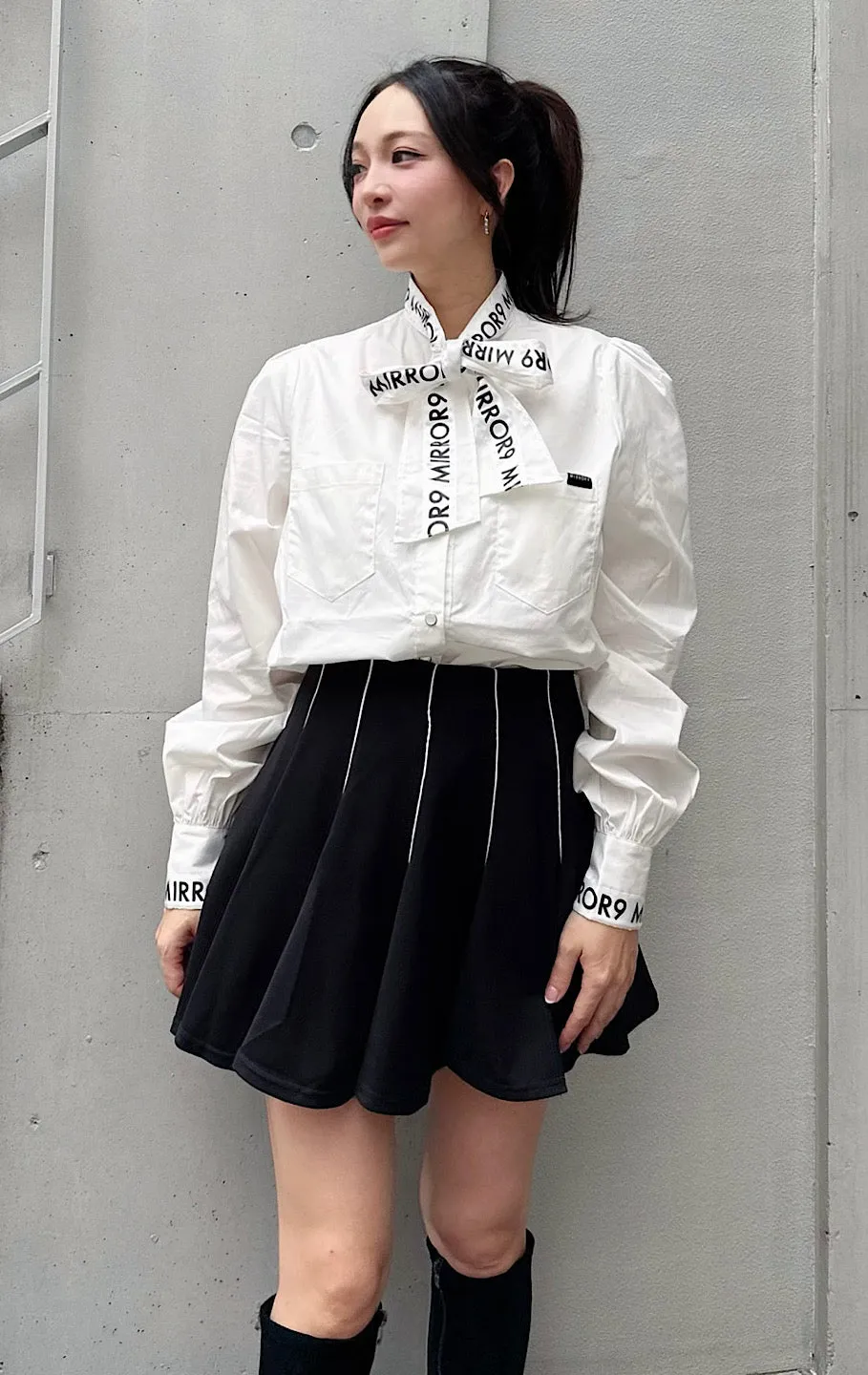 Ribbon stretch long shirts/2color