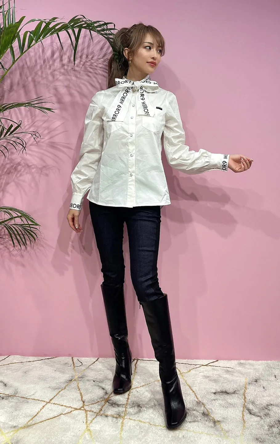 Ribbon stretch long shirts/2color