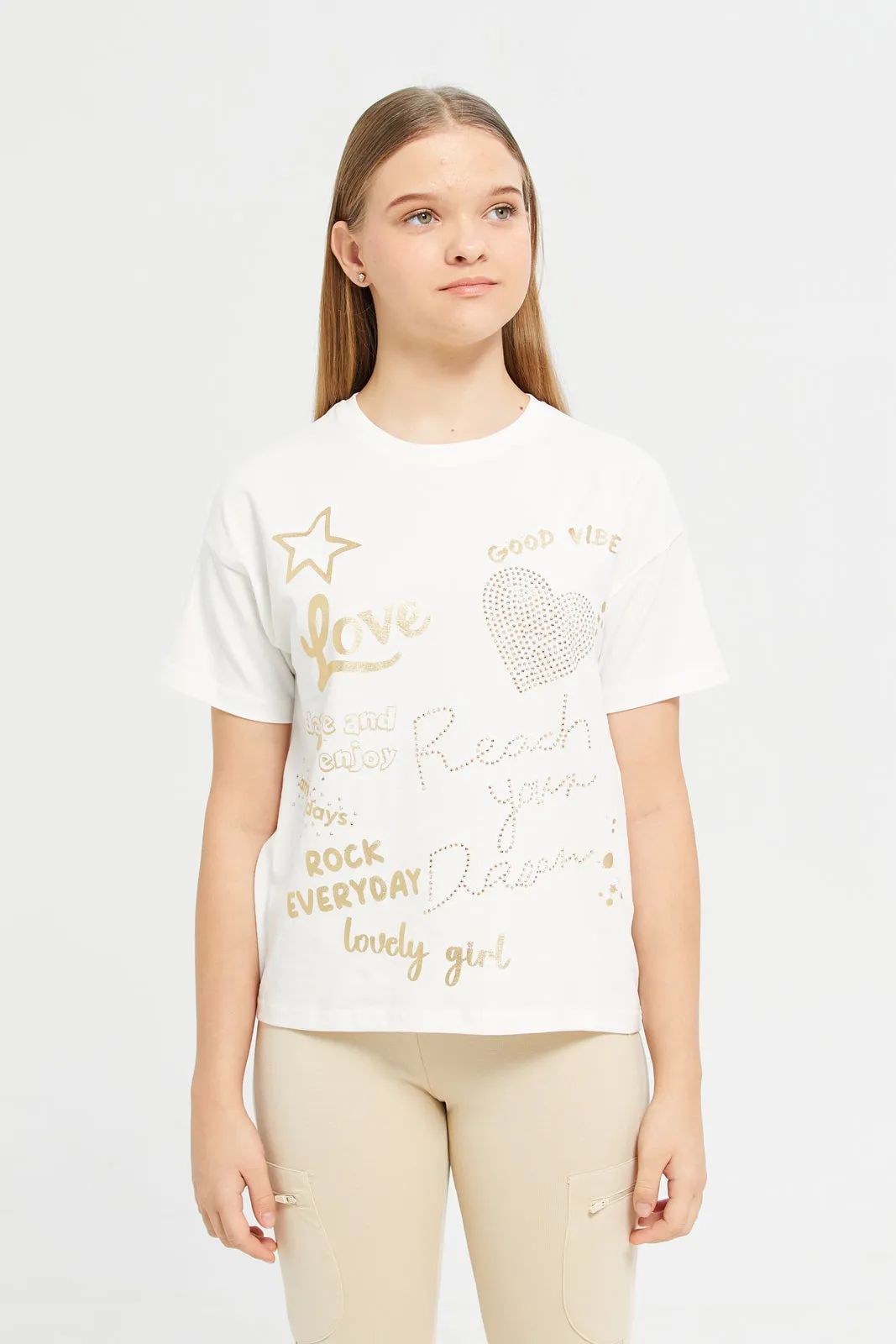 Senior Girls Cream Embellished T-Shirt
