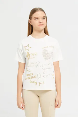 Senior Girls Cream Embellished T-Shirt