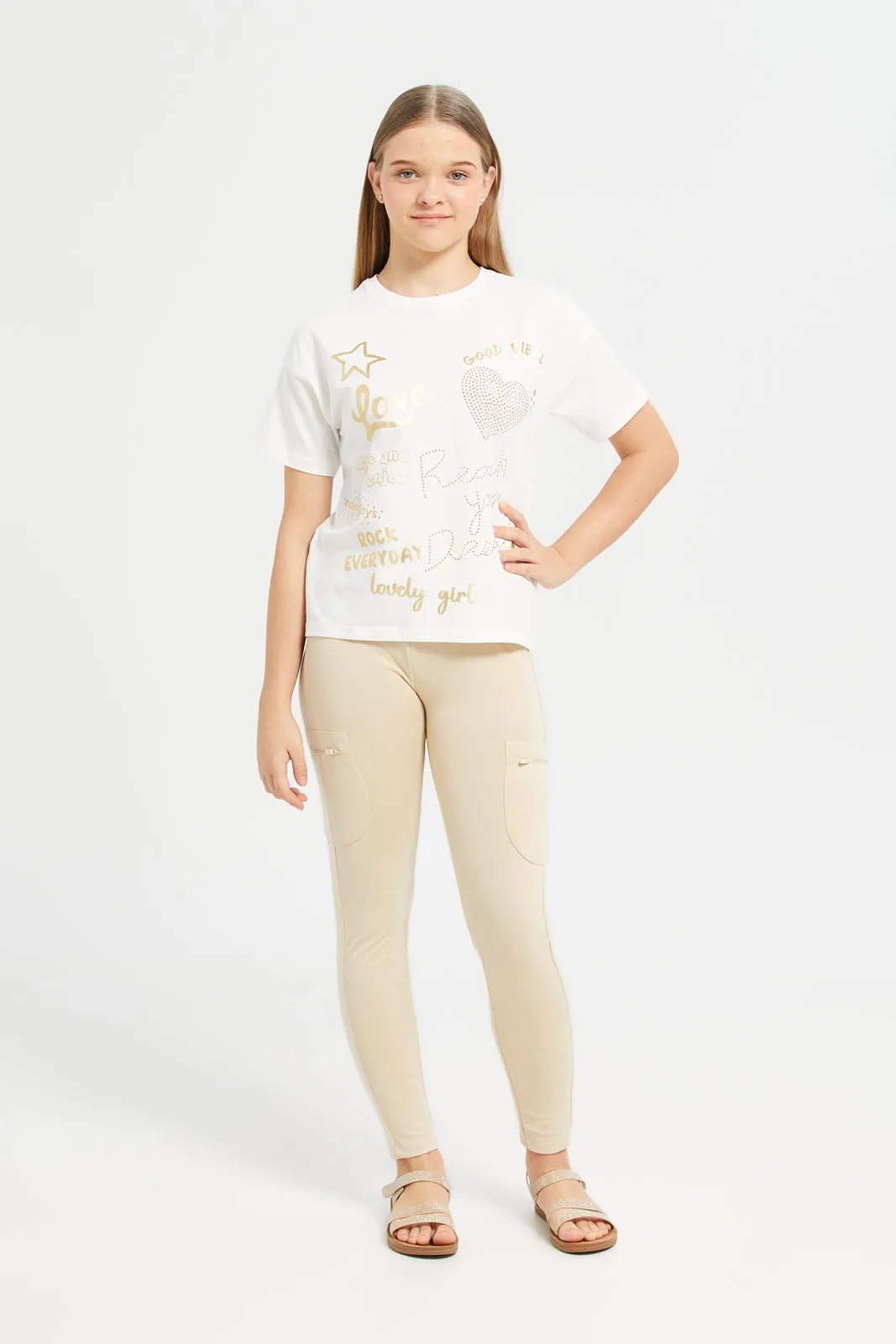 Senior Girls Cream Embellished T-Shirt