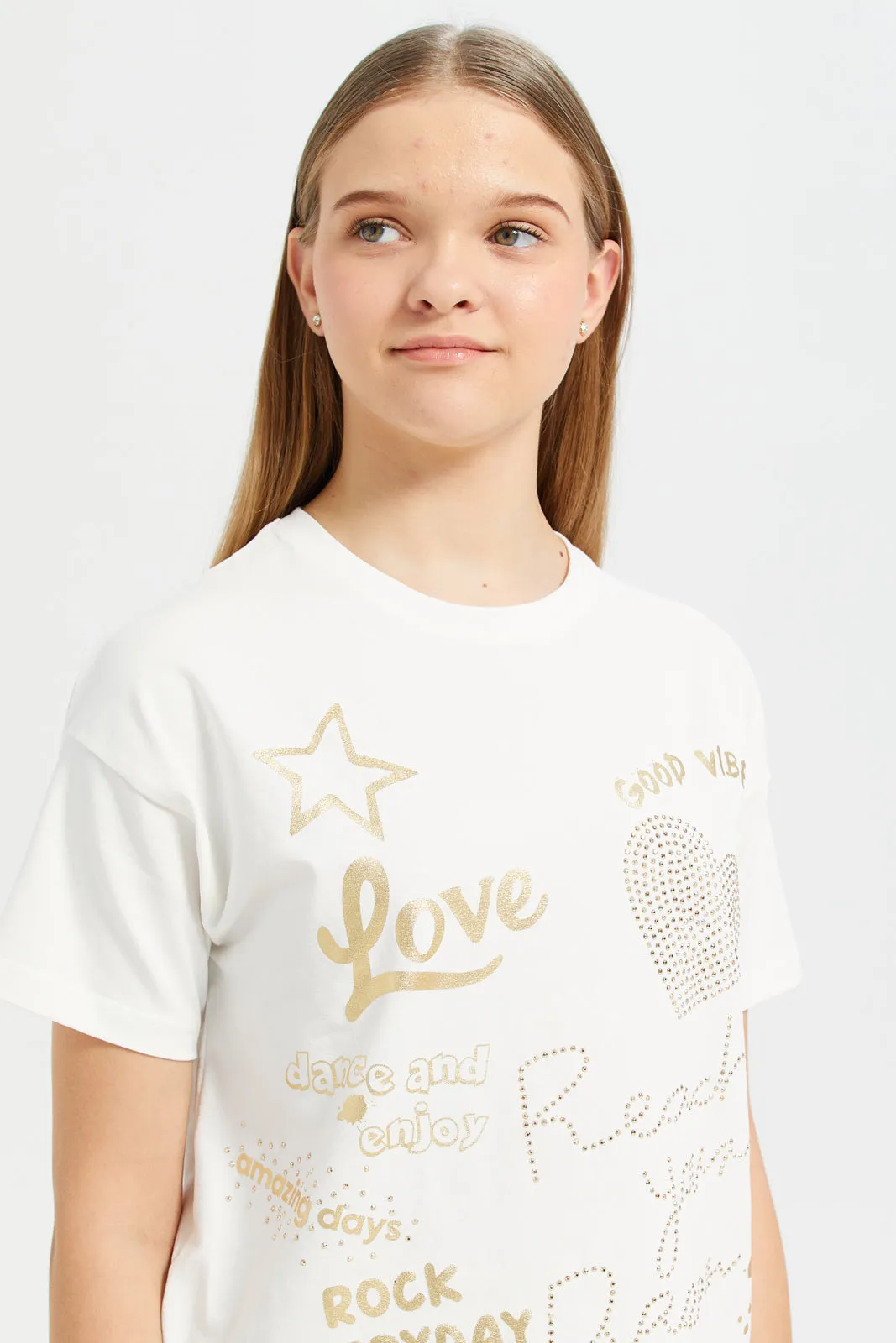 Senior Girls Cream Embellished T-Shirt