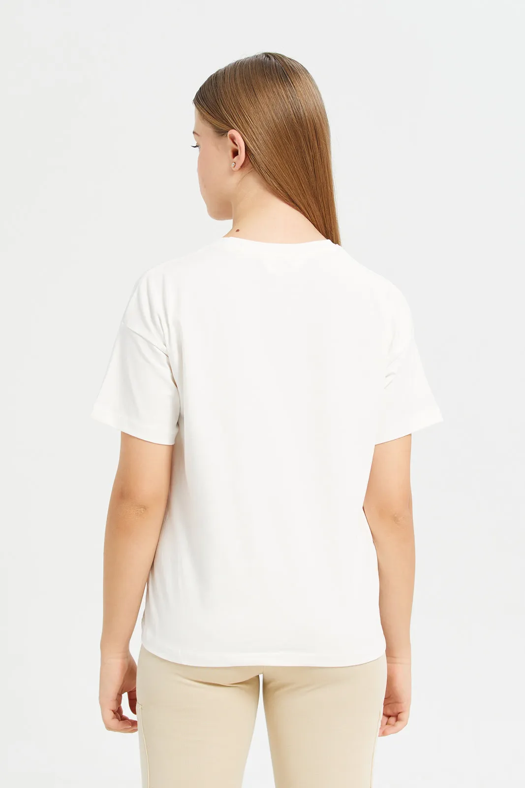 Senior Girls Cream Embellished T-Shirt