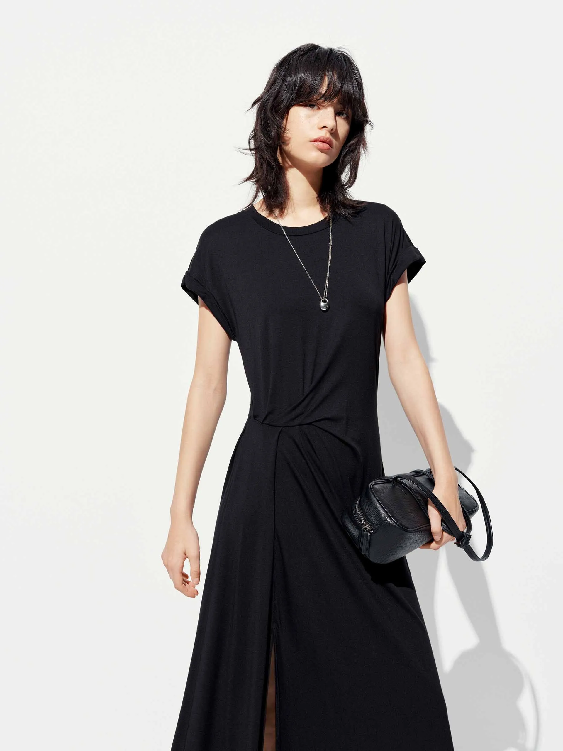 Side Slit Pleated Midi Dress