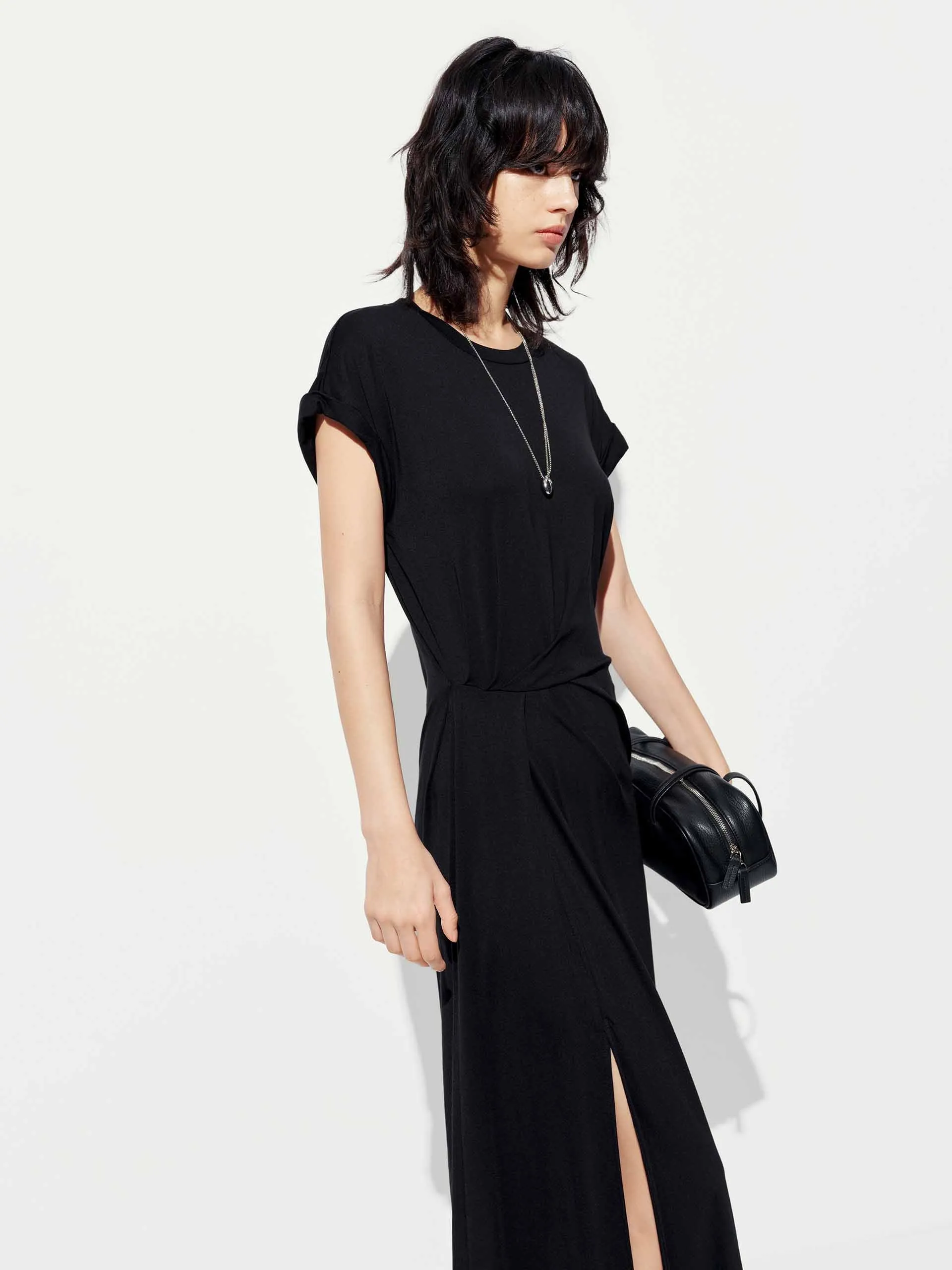 Side Slit Pleated Midi Dress