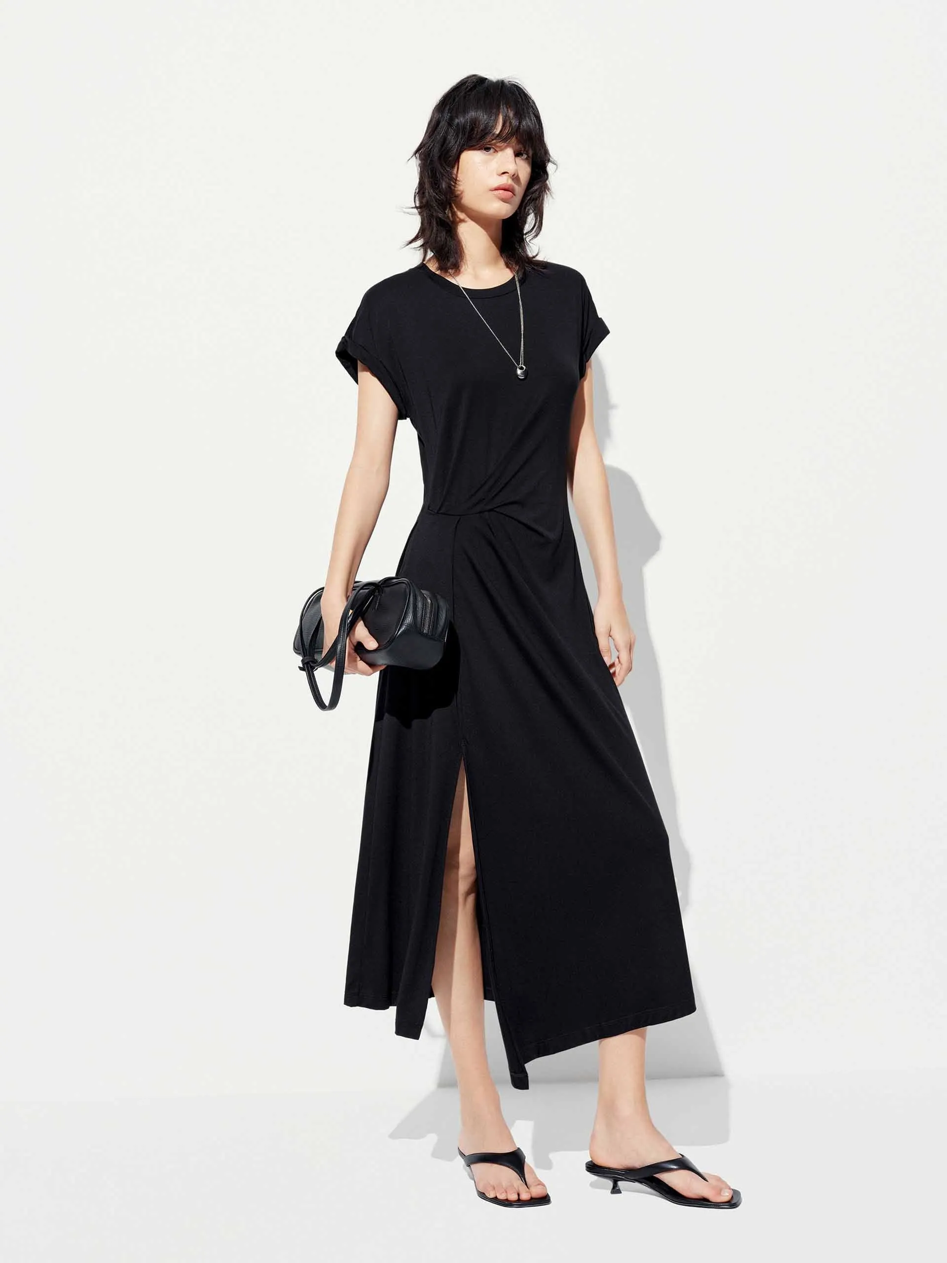 Side Slit Pleated Midi Dress