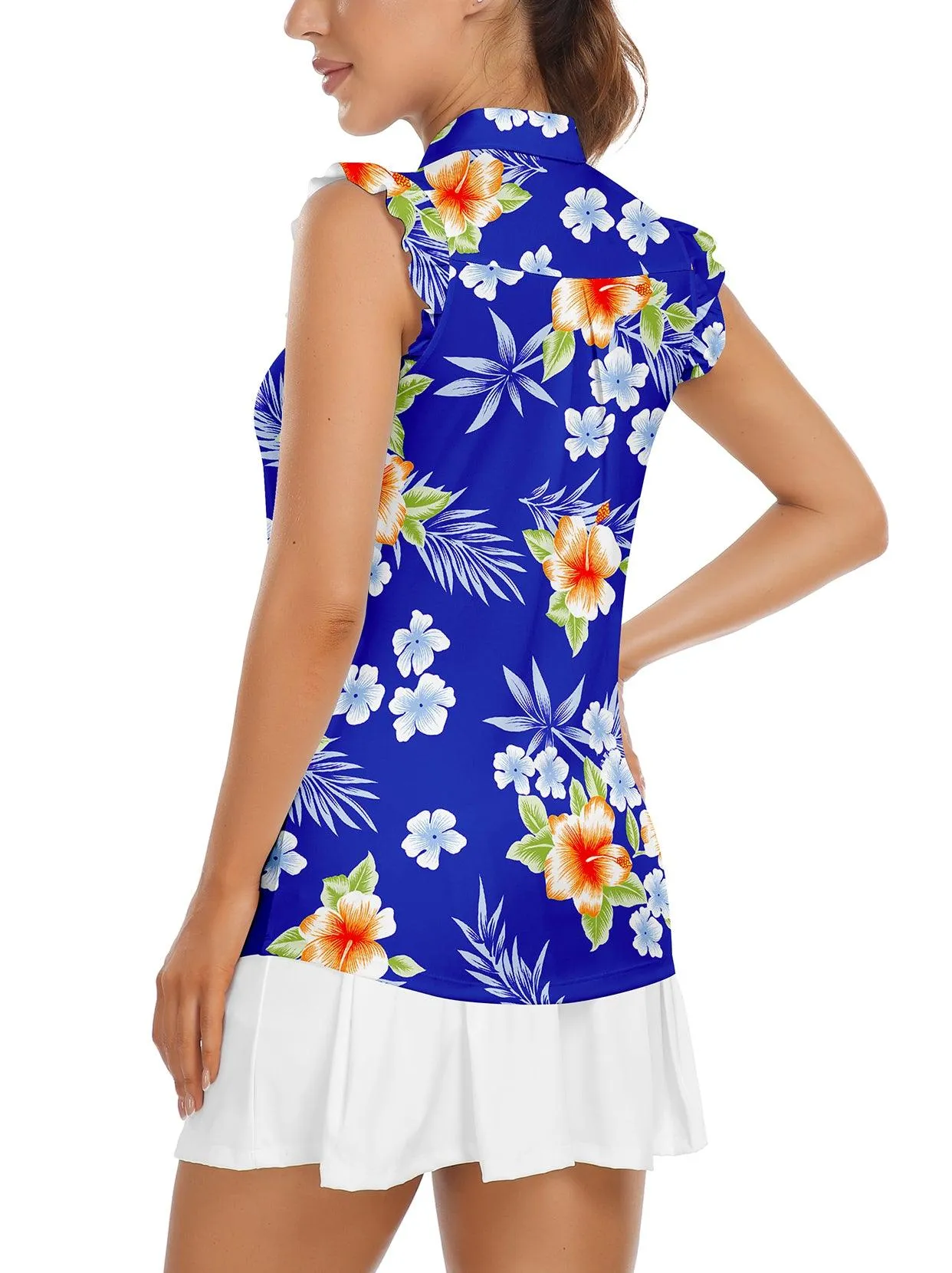 Soneven Ladies Golf Sleeveless Floral Athletic Polo Shirts-💃🏼SO® Flowers on Blue Background Ruffle Sleeve Shirts Button Closure Moisture Wicking Tennis Shirts