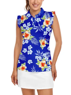 Soneven Ladies Golf Sleeveless Floral Athletic Polo Shirts-💃🏼SO® Flowers on Blue Background Ruffle Sleeve Shirts Button Closure Moisture Wicking Tennis Shirts