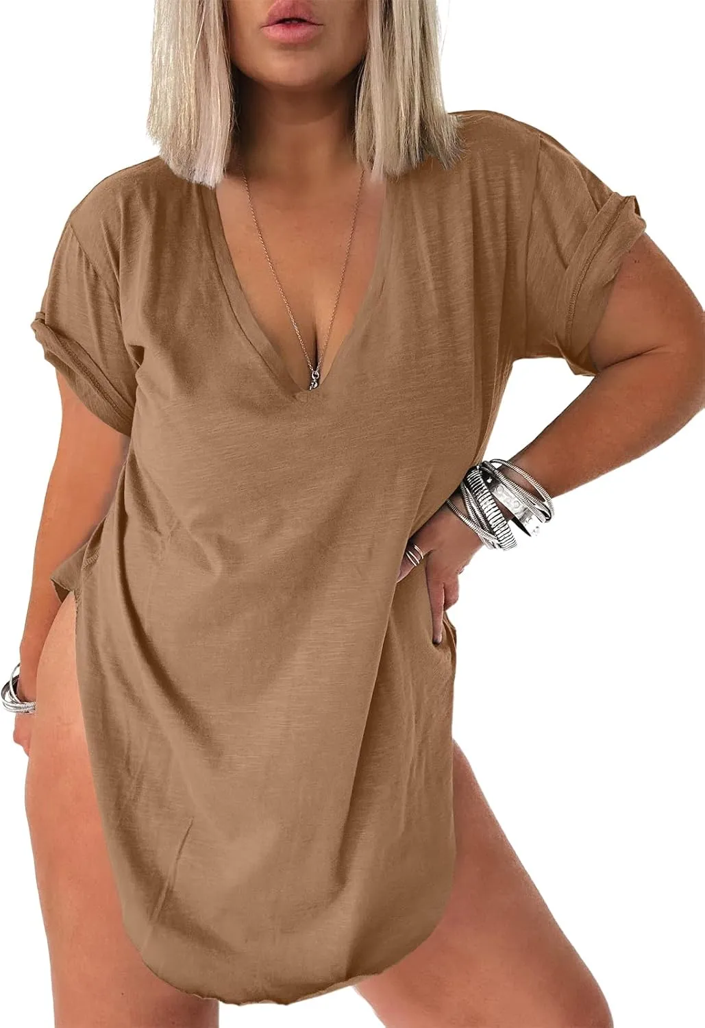 Tankaneo Womens Deep V Neck Short Sleeve T Shirts Side Slit Oversized Summer Loose Tunic Top