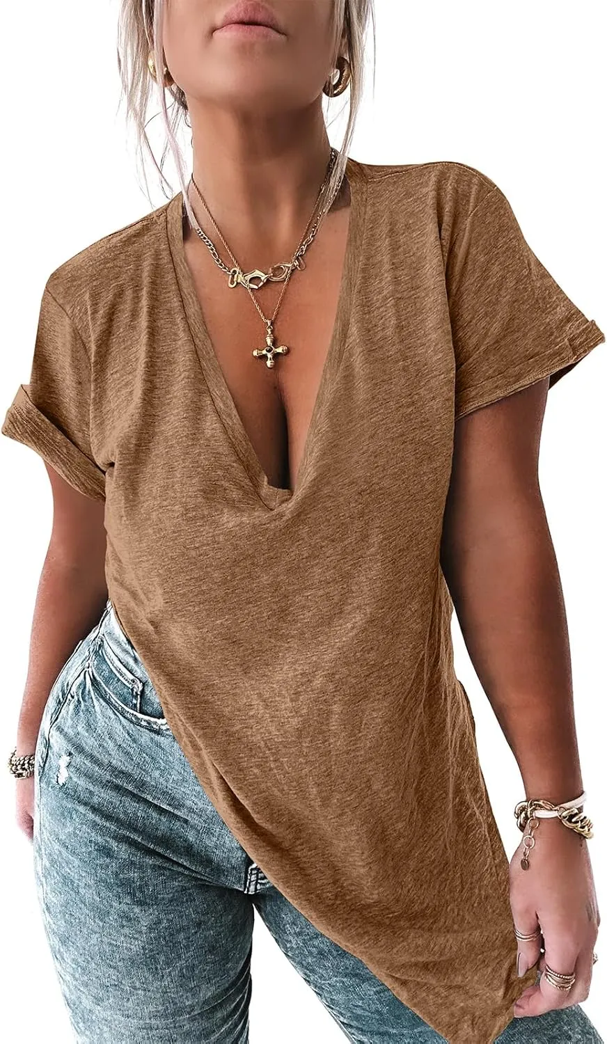 Tankaneo Womens Deep V Neck Short Sleeve T Shirts Side Slit Oversized Summer Loose Tunic Top
