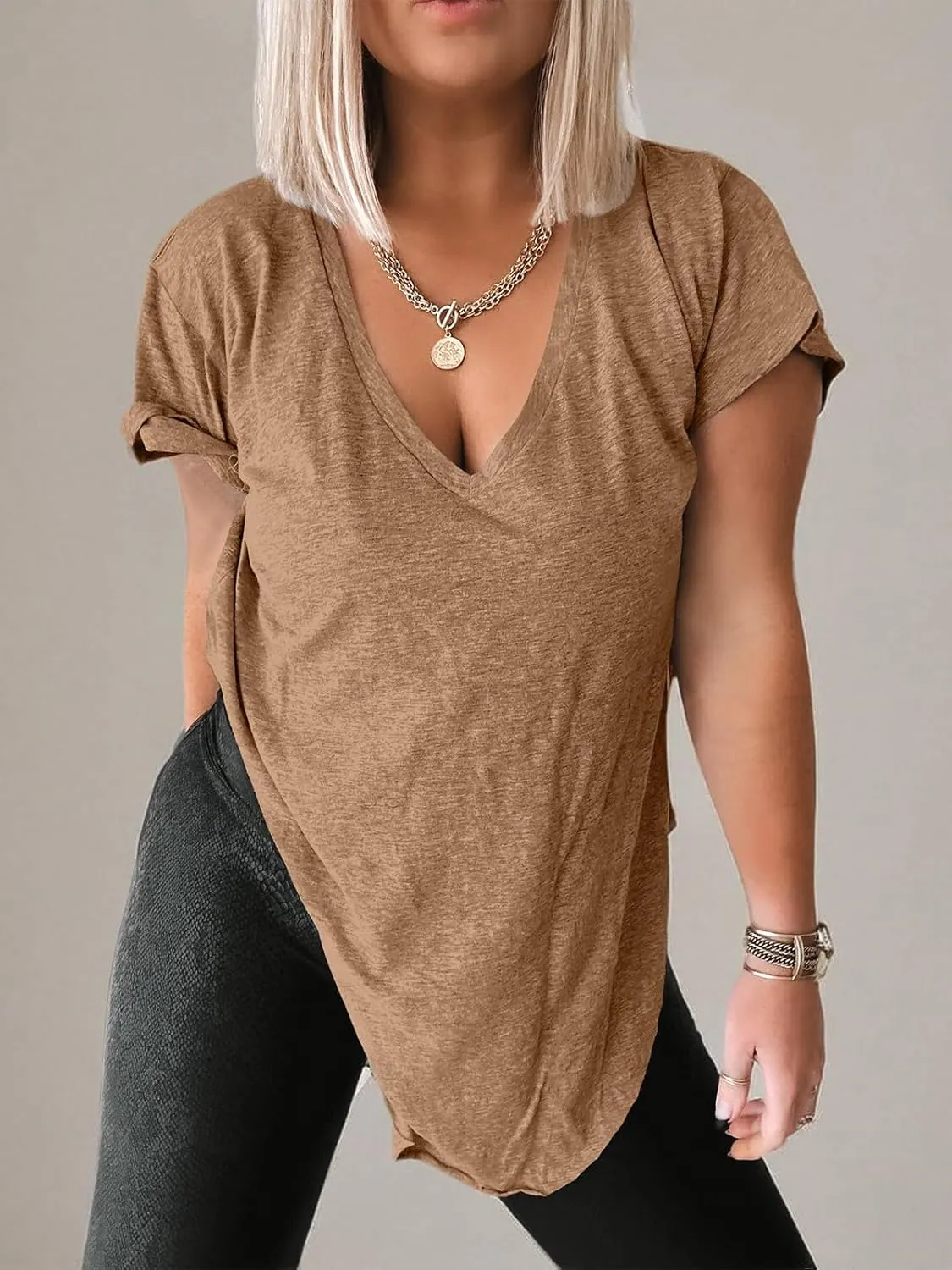 Tankaneo Womens Deep V Neck Short Sleeve T Shirts Side Slit Oversized Summer Loose Tunic Top
