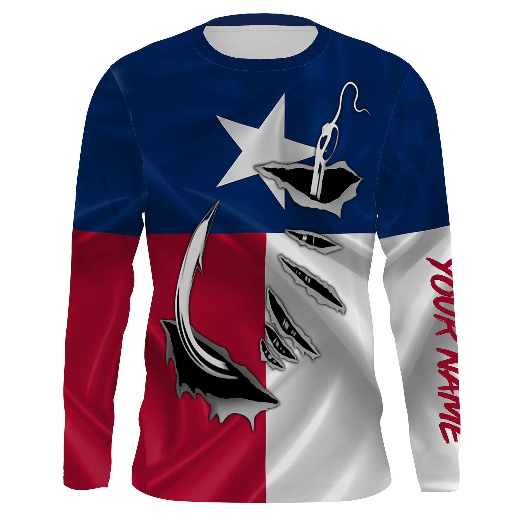Tx Fishing 3D Fish Hook Texas Flag Custom Long Sleeves Shirts Personalized Fishing Apparel Gifts