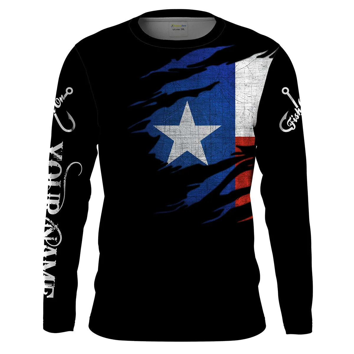 TX Fishing Fish On Black Texas Flag Customize Name 3D Long Sleeves Fishing Shirts