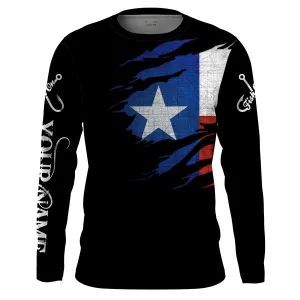 TX Fishing Fish On Black Texas Flag Customize Name 3D Long Sleeves Fishing Shirts