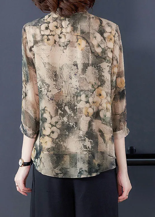 Vintage Apricot Asymmetrical Print Silk Shirts Bracelet Sleeve LY0467