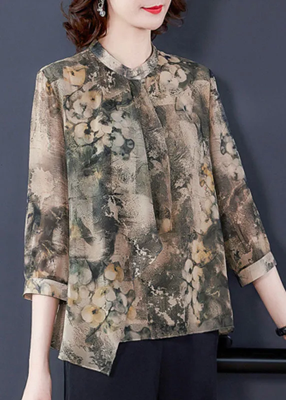 Vintage Apricot Asymmetrical Print Silk Shirts Bracelet Sleeve LY0467