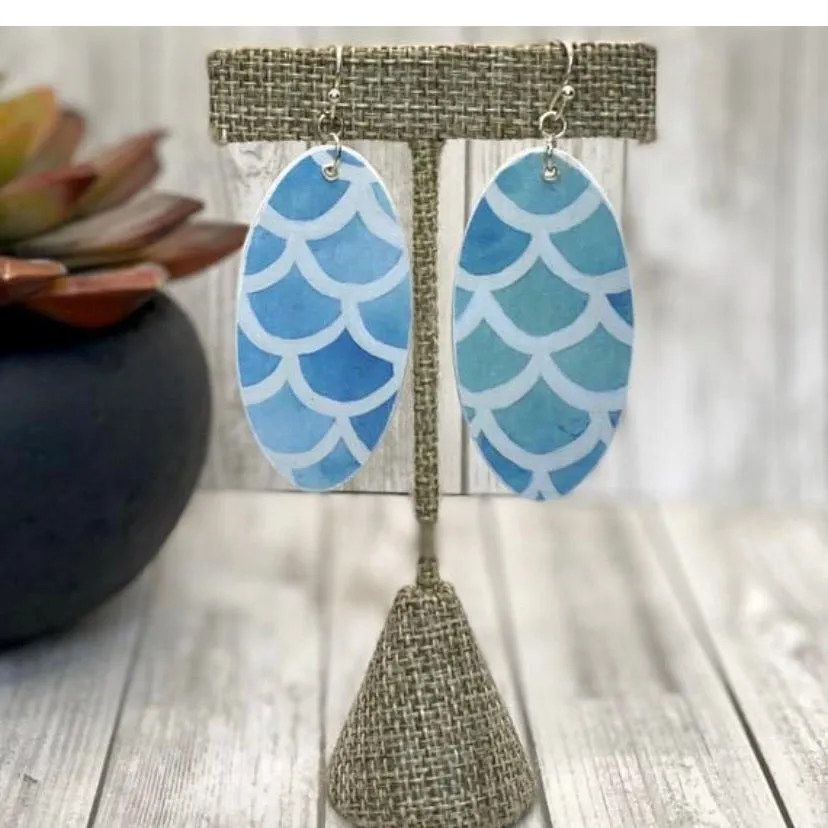 Watercolor Mermaid Scale Wood Earrings