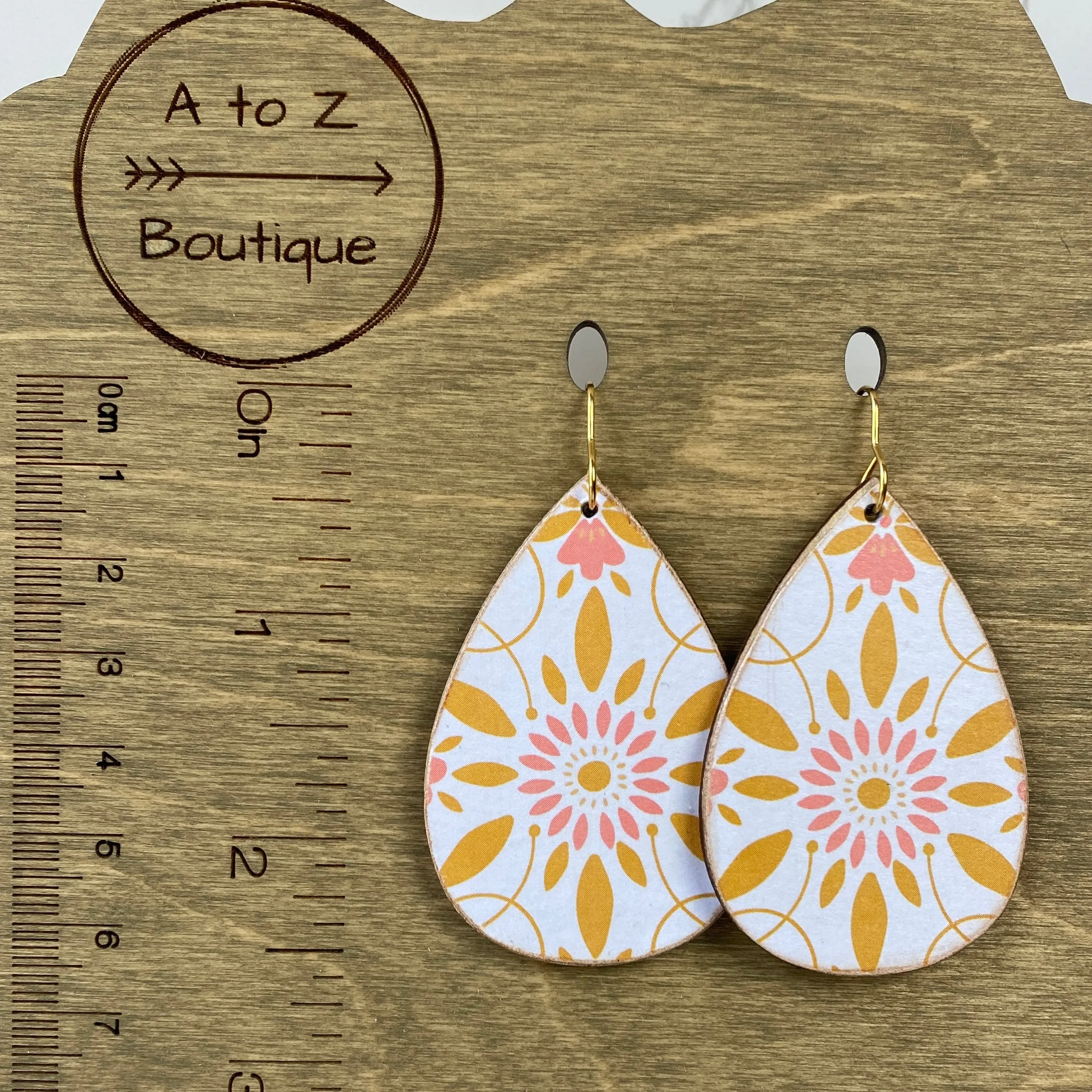 White And Orange Print Wood Earrings