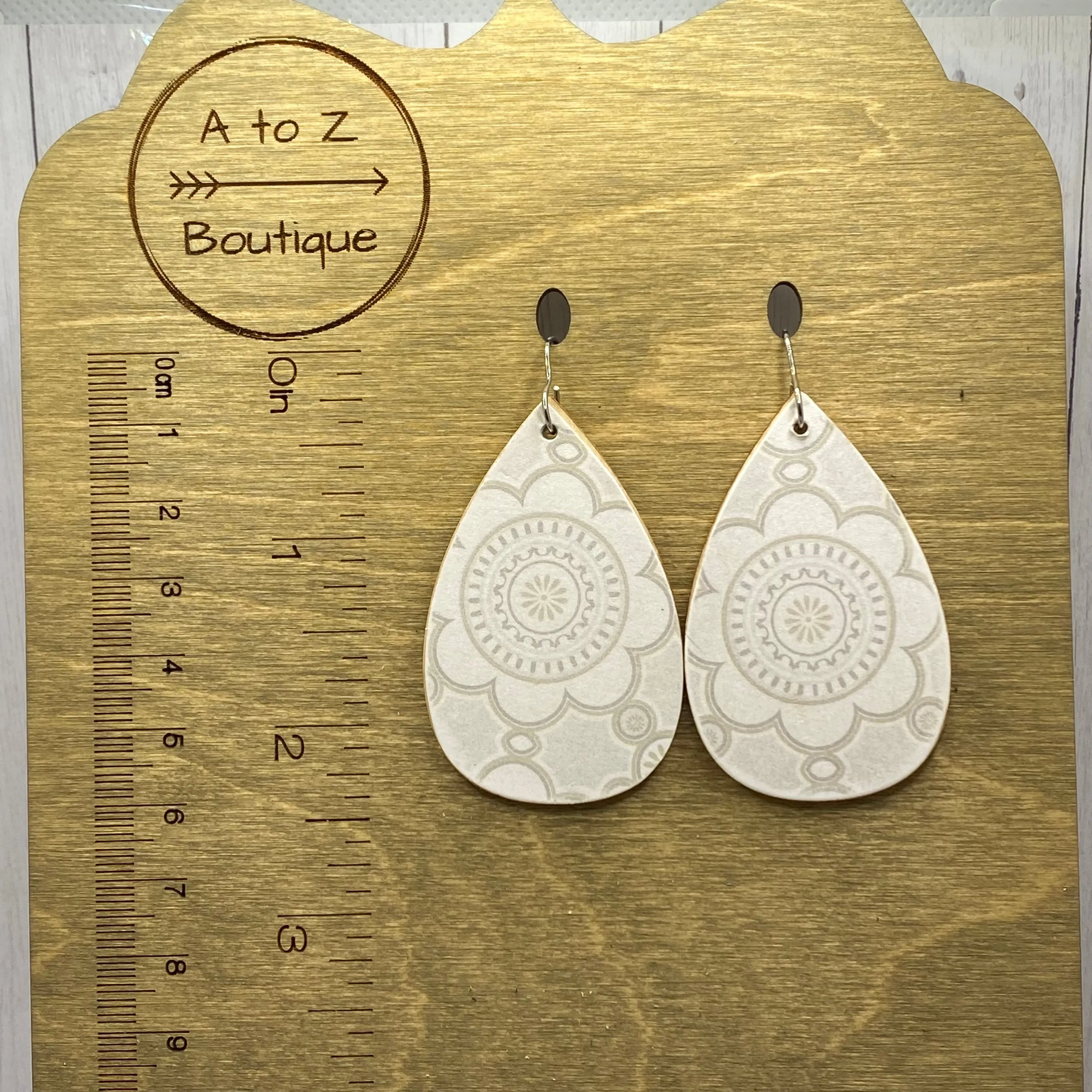 White Floral Print Wood Earrings