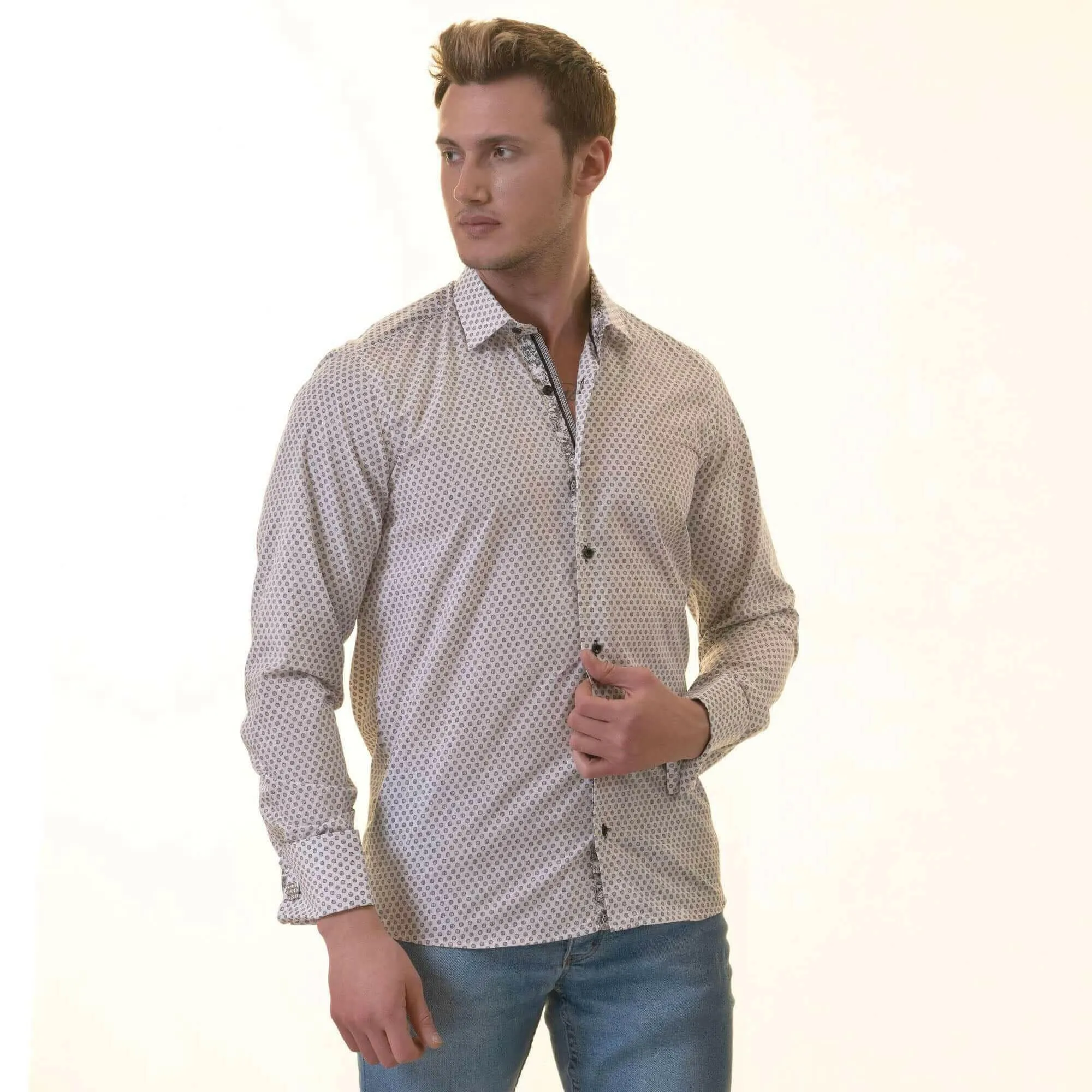White Polka Dot Printed  Mens Slim Fit Designer Dress Shirt