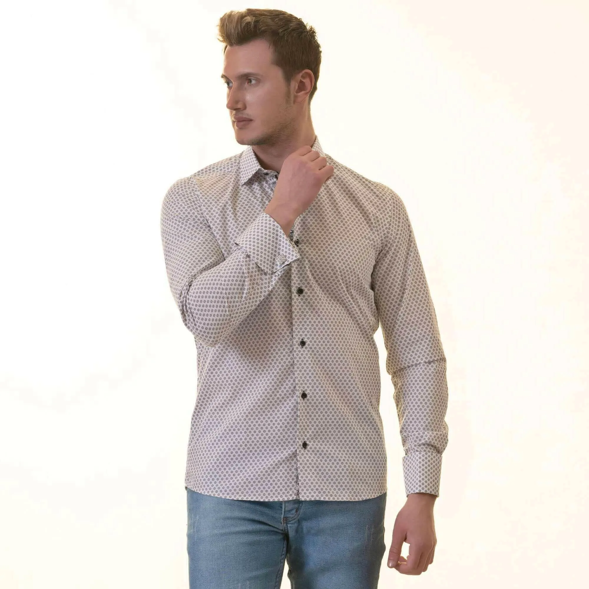 White Polka Dot Printed  Mens Slim Fit Designer Dress Shirt