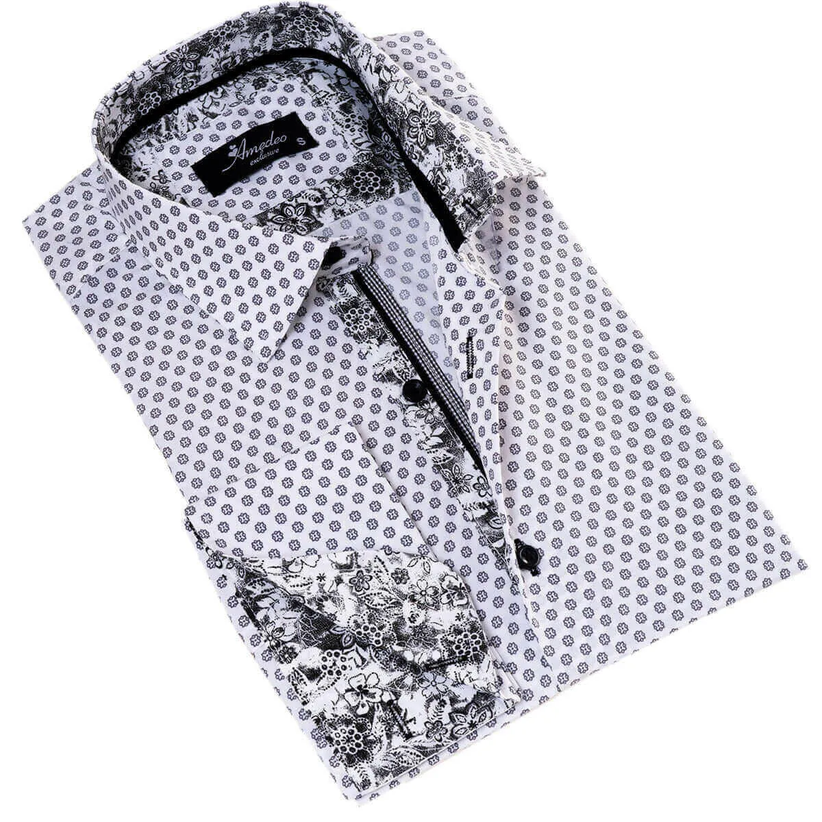 White Polka Dot Printed  Mens Slim Fit Designer Dress Shirt