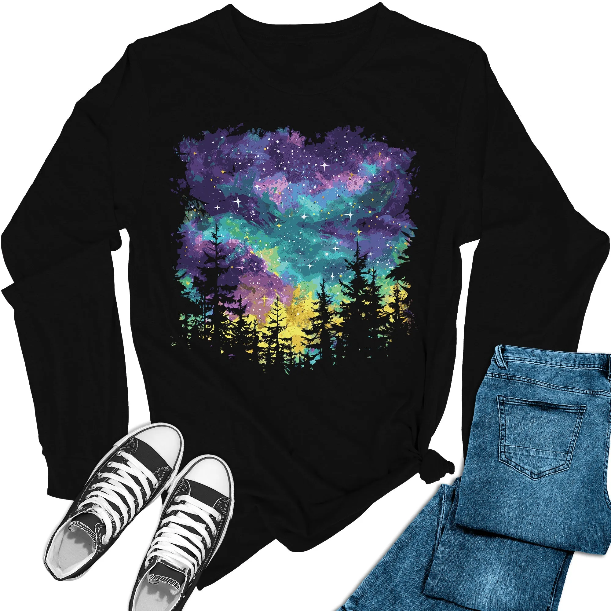 Women's Mardi Gras Night Sky Long Sleeve Graphic Tees
