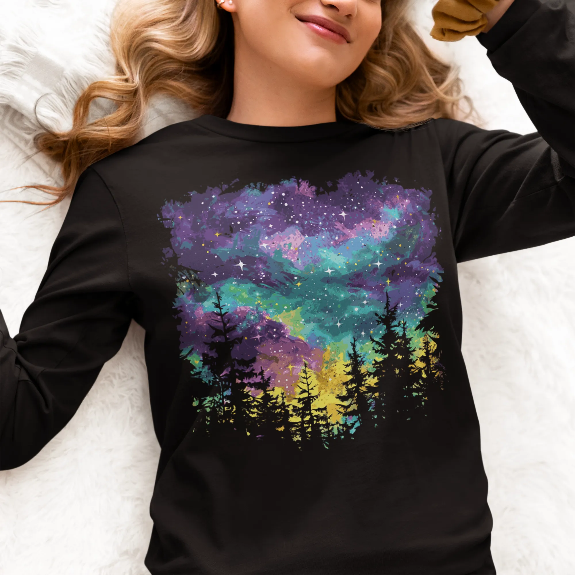 Women's Mardi Gras Night Sky Long Sleeve Graphic Tees