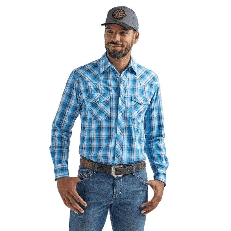 Wrangler Men's Long Sleeve Blue Plaid Western Shirt